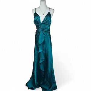 Y2K emerald green satin maxi dress ruched ruffle mermaid formal prom